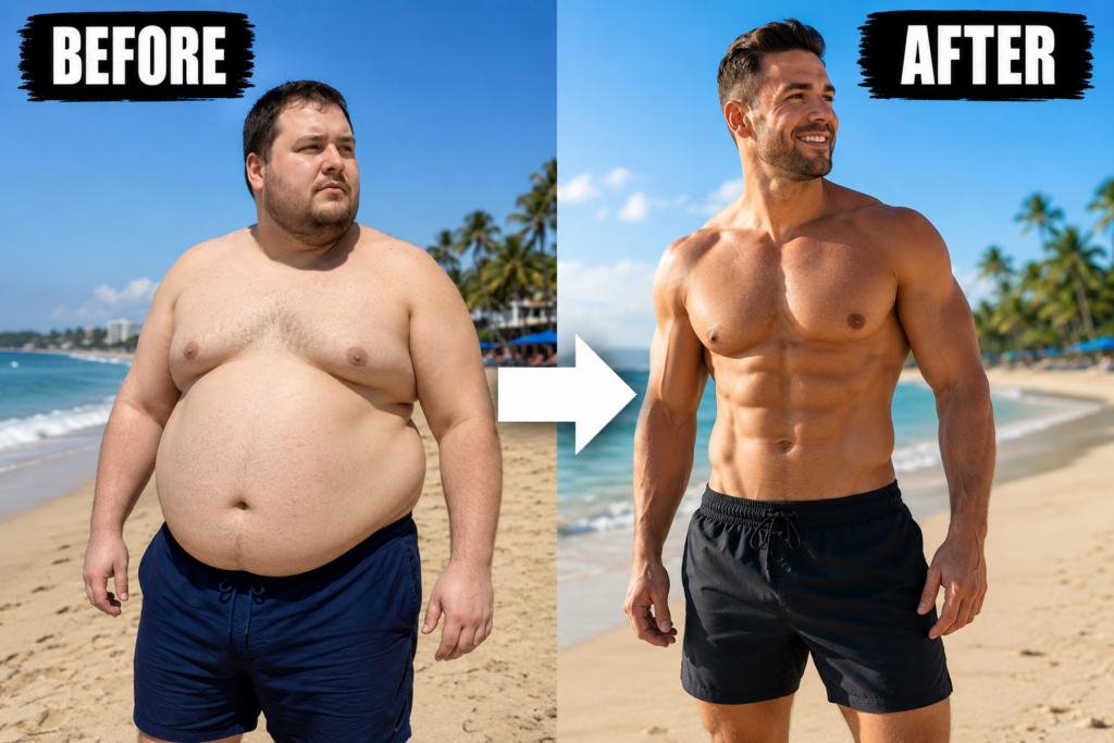 A dramatic before-and-after body transformation image showing an overweight man standing on a sunny beach on the left side labeled “BEFORE,” and the same man transformed into a muscular, athletic physique on the right side labeled “AFTER,” with a large white arrow between the two scenes symbolizing fitness and weight loss progress.