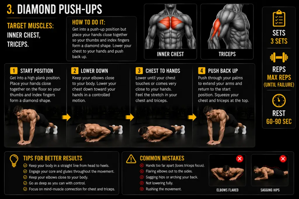 The Ultimate Muscle Building Workout Plan for Skinny Guys (Gym & Home) : 3. Diamond Push-ups
Target Muscles: Inner Chest, Triceps.How to Do It: Get into a push-up position but place your hands close together so your thumbs and index fingers form a diamond shape. Lower your chest to your hands and push back up.Sets & Reps: 3 Sets × Max Reps (Until failure).