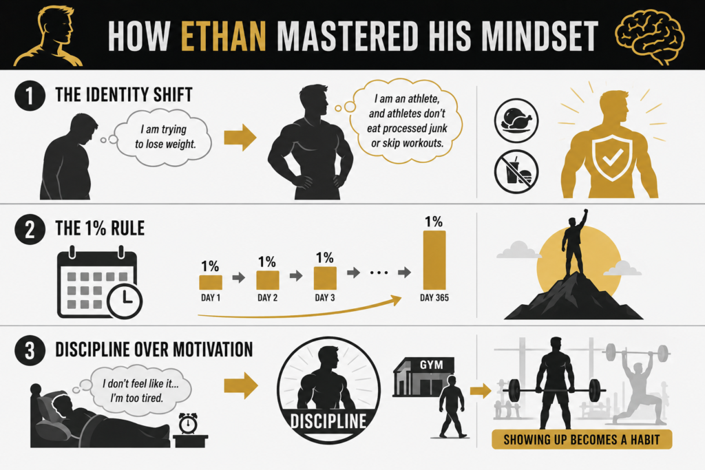 From 120 kg to a muscular, athletic physique: Ethan's inspiring weight loss transformation story and the pillars he used to change his life. Ethan weight loss mindset transformation before and after.