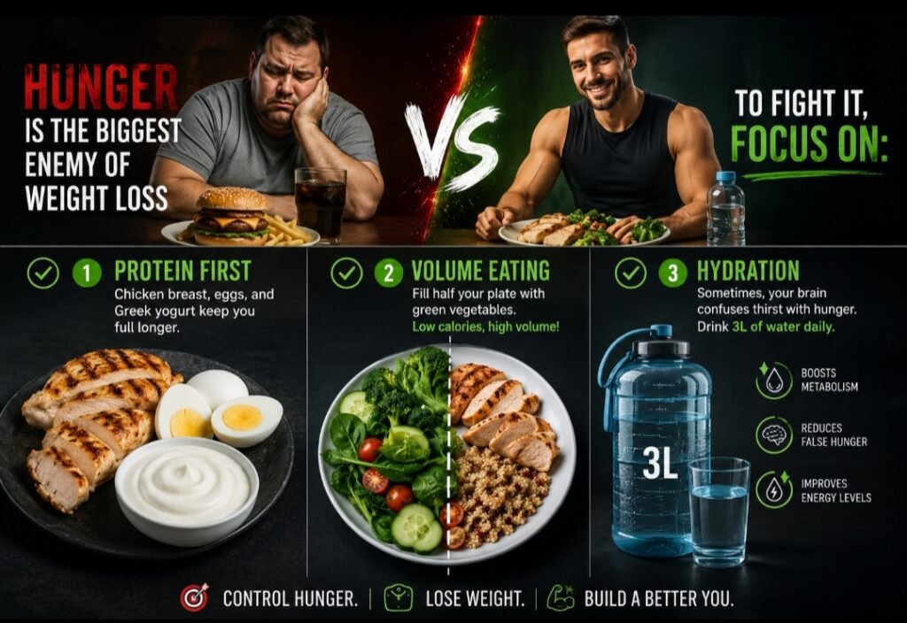 Infographic showing the best nutrition tips for fat loss: Protein, Volume Eating, and Hydration.