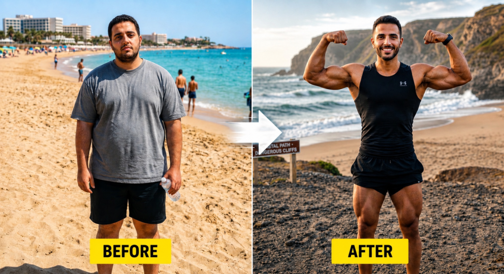 A dramatic before-and-after body transformation image showing an overweight man standing on a sunny beach on the left side labeled “BEFORE,” and the same man transformed into a muscular, athletic physique on the right side labeled “AFTER,” with a large white arrow between the two scenes symbolizing fitness and weight loss progress.
