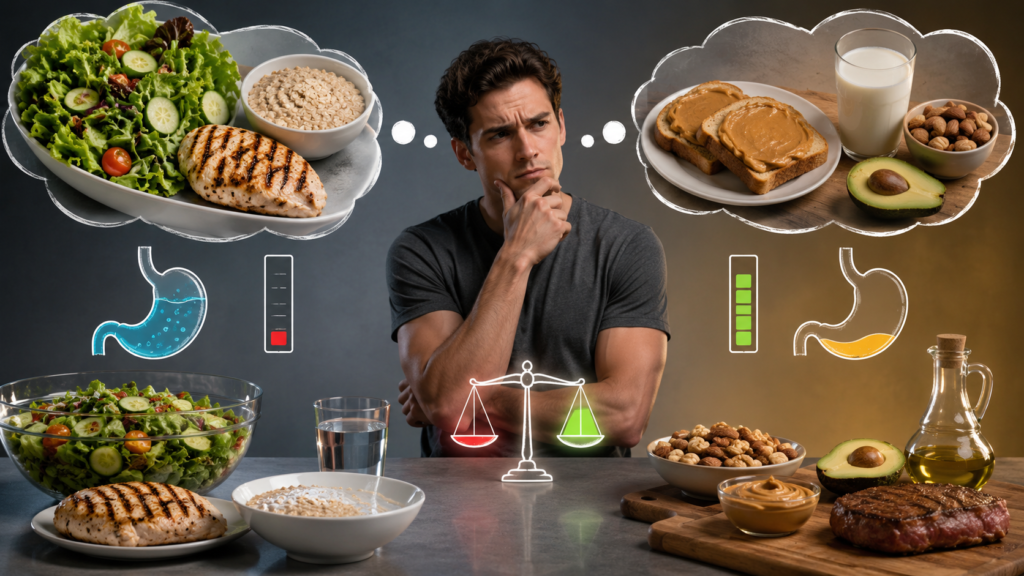 Skinny man comparing a large low-calorie meal of salad, chicken, and oats with calorie-dense foods like peanut butter, nuts, avocado, milk, and steak, illustrating the difference between food volume and calorie density for muscle gain.