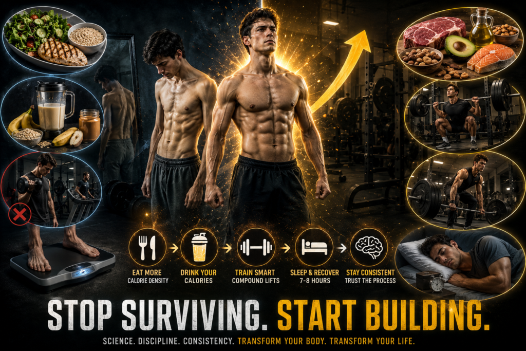Dramatic hardgainer transformation showing a skinny man evolving into a muscular physique through calorie-dense nutrition, high-calorie shakes, compound weight training, quality sleep, and long-term consistency.