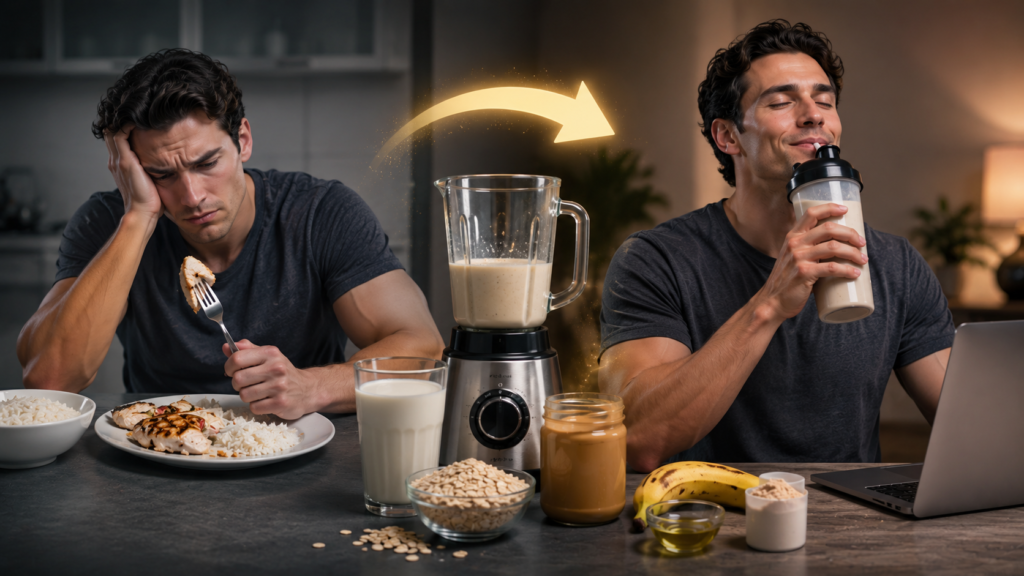 Hardgainer struggling to eat chicken and rice while a high-calorie protein shake made from milk, oats, peanut butter, banana, and whey protein offers an easier solution for weight gain and muscle growth.