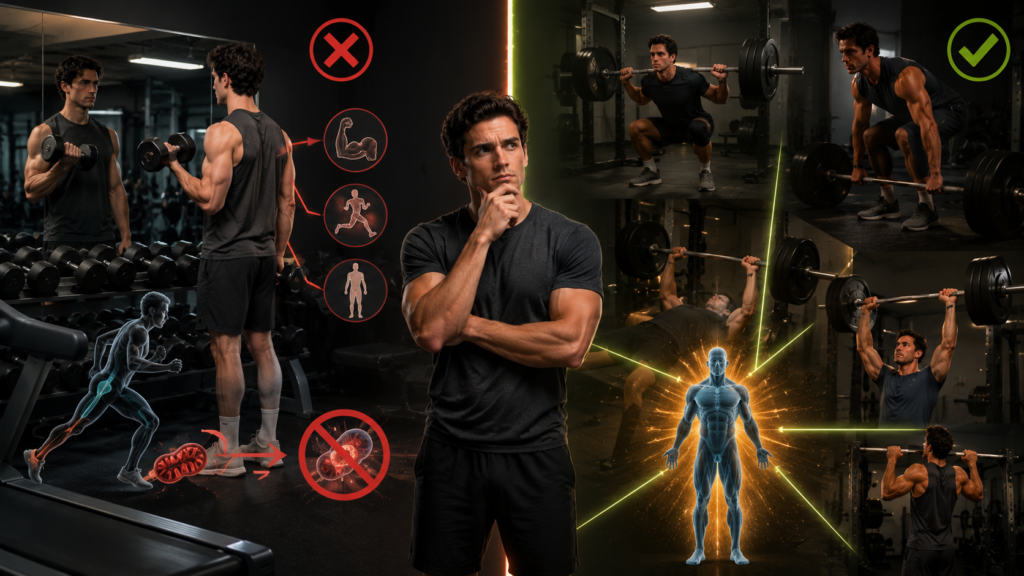 Fitness comparison showing ineffective isolation exercises and excessive cardio versus heavy compound lifts including squats, deadlifts, bench press, overhead press, and pull-ups for maximizing muscle growth in hardgainers.
