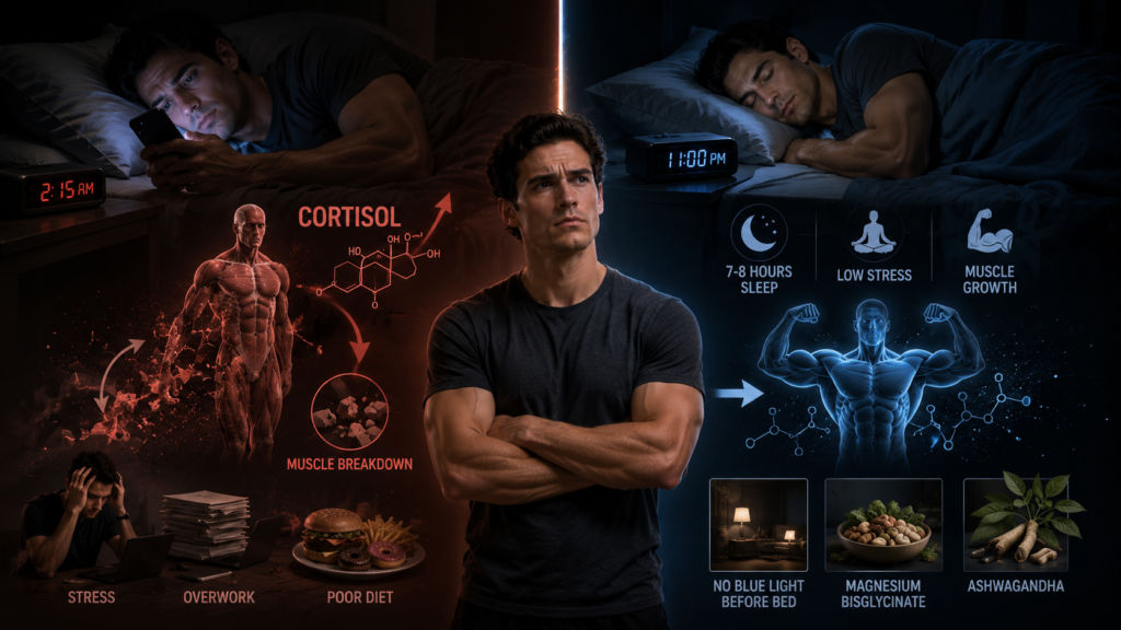 Split-scene illustration of a stressed sleep-deprived athlete experiencing muscle breakdown compared with a well-rested athlete benefiting from deep sleep, recovery, reduced stress, and improved muscle growth.
