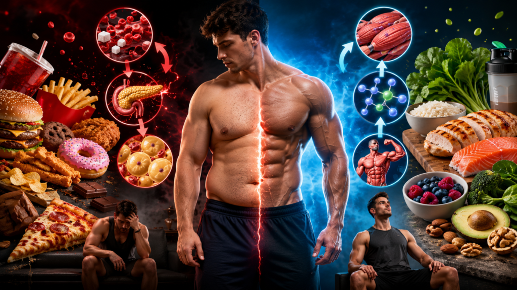 Dirty bulking comparison showing excessive junk-food consumption leading to fat gain, inflammation, and poor muscle growth versus a lean, muscular physique achieved through proper nutrition and training.