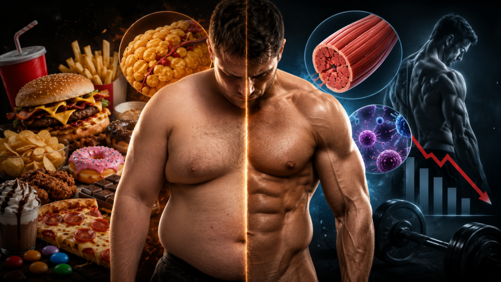 Dirty bulking comparison showing excessive junk-food consumption leading to fat gain, inflammation, and poor muscle growth versus a lean, muscular physique achieved through proper nutrition and training.