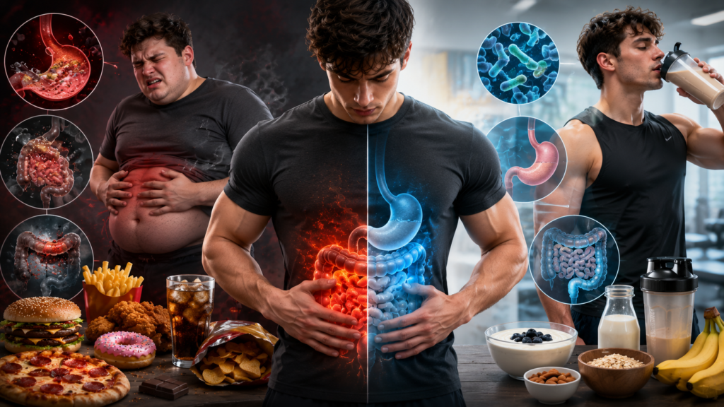 Digestive health comparison showing poor nutrient absorption and stomach distress from processed foods versus efficient digestion, healthy gut function, and muscle-supporting nutrition.