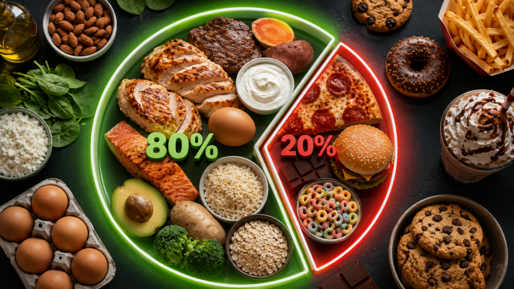 Balanced lean bulking concept showing 80% nutrient-dense whole foods and 20% calorie-dense treats, supporting muscle growth while minimizing fat gain.