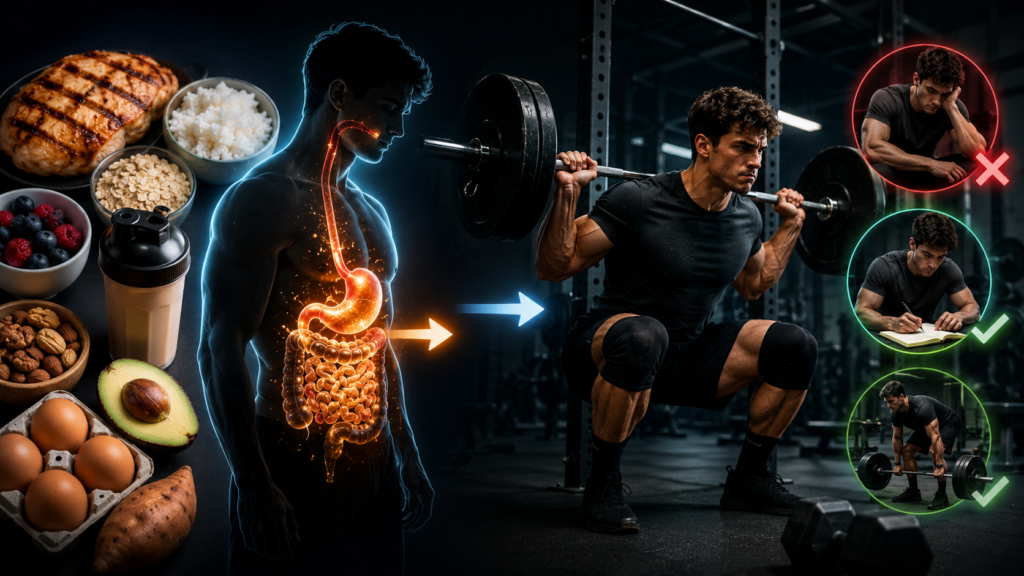 Lean bulking concept showing nutritious food supporting muscle growth through progressive overload, with a focused athlete performing heavy compound lifts and tracking strength improvements.