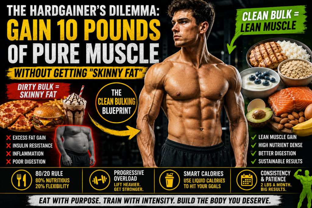 Muscular man comparing clean bulking foods versus junk food to build lean muscle without becoming skinny fat.