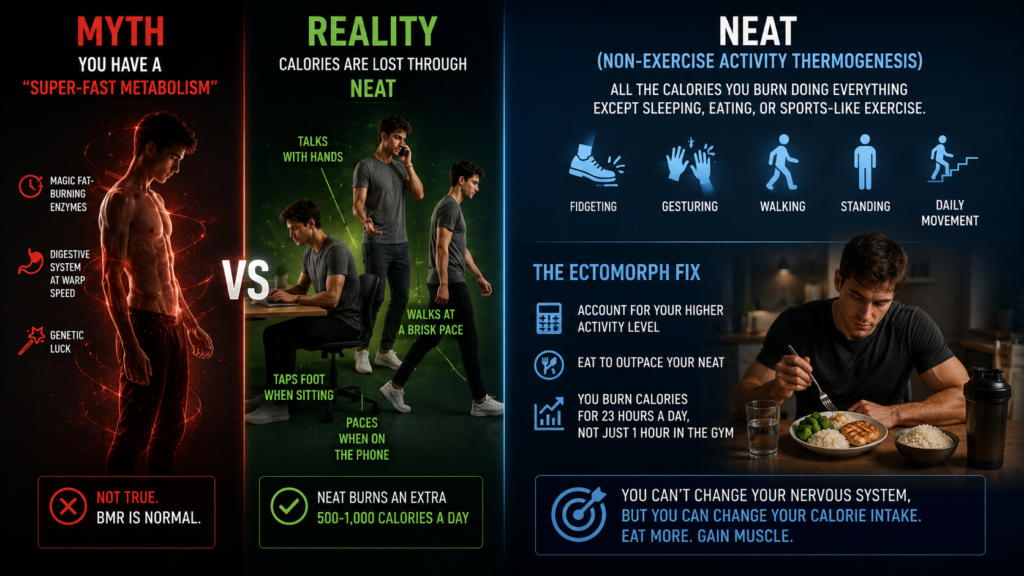 Illustration debunking the fast-metabolism myth, showing how everyday movement and fidgeting (NEAT) significantly increase calorie burn in naturally skinny individuals.