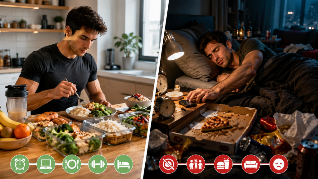 A disciplined weekday routine with planned meals contrasted against chaotic weekend habits with skipped meals and junk food.