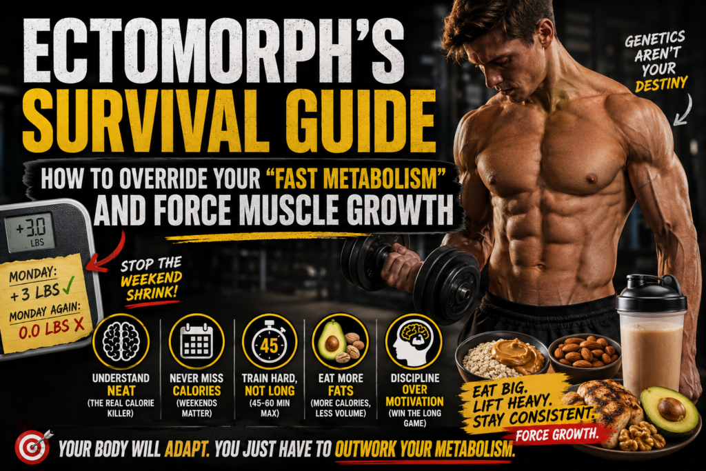 Lean ectomorph bodybuilder with muscle growth guide, high-calorie foods, and fast metabolism concept.