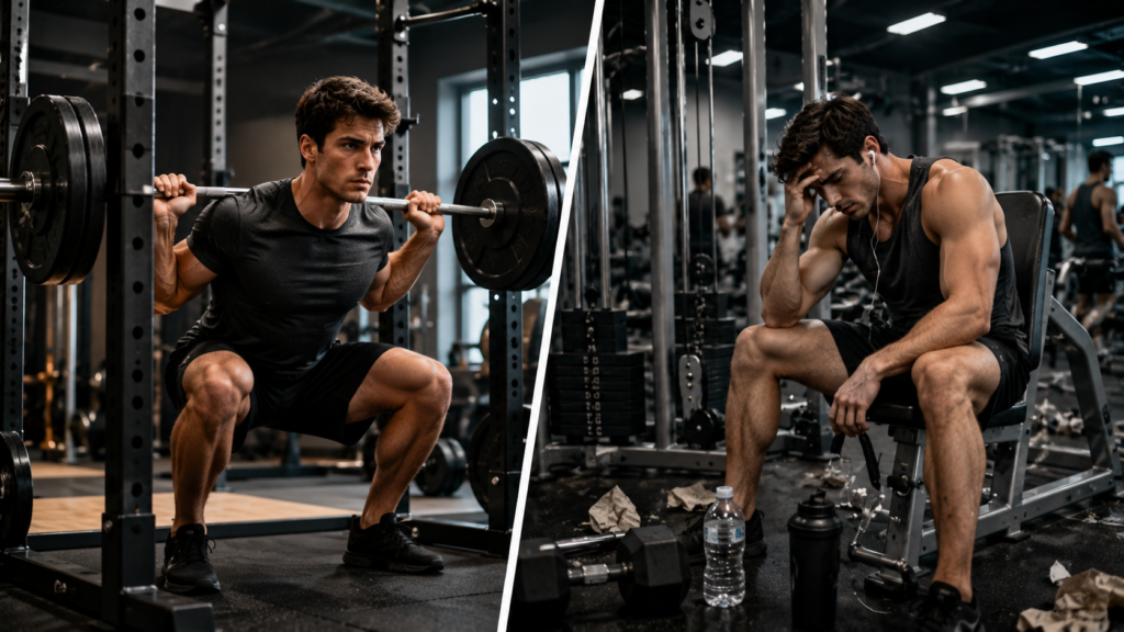 Focused heavy barbell training contrasted with an exhausted lifter resting after an overly long workout.