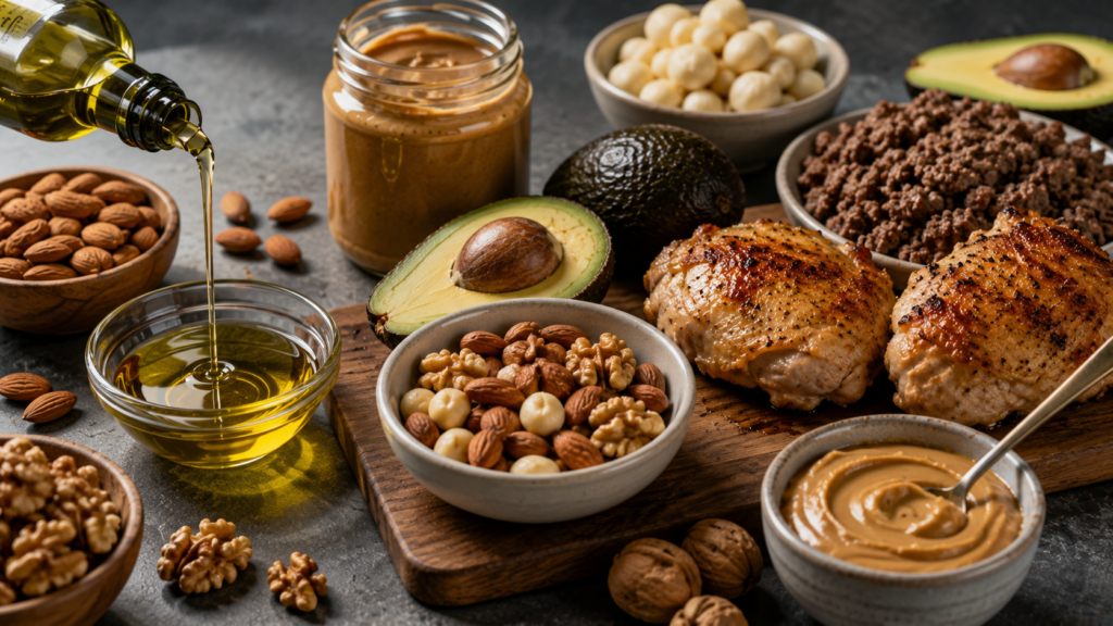 A spread of calorie-dense healthy fats including olive oil, nuts, avocado, peanut butter, and juicy chicken thighs arranged on a rustic table