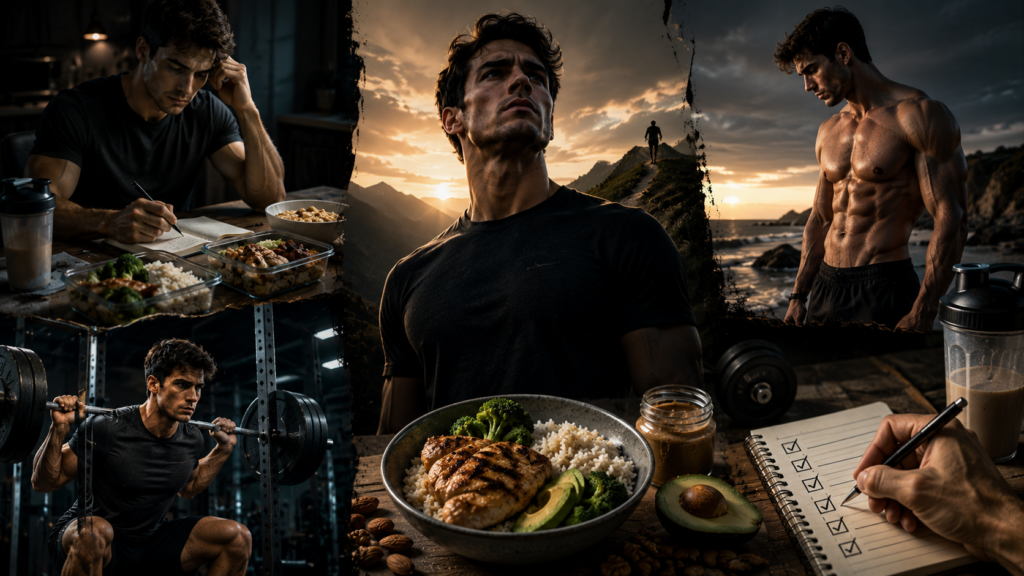 A cinematic collage showing a disciplined hardgainer’s journey through training, nutrition, planning, and long-term perseverance.