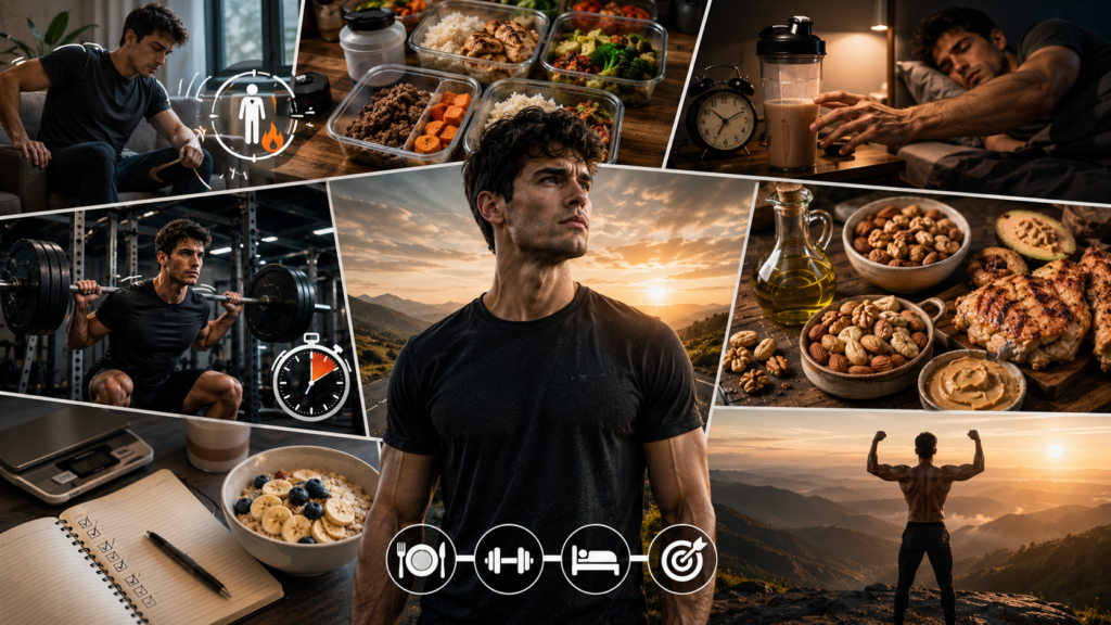 A cinematic collage showing a disciplined hardgainer’s journey through training, nutrition, planning, and long-term perseverance.