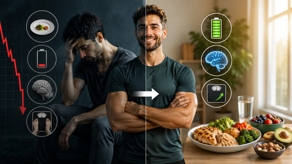 Exhausted man trapped by extreme dieting contrasted with a healthy, energized man following a balanced calorie deficit.
