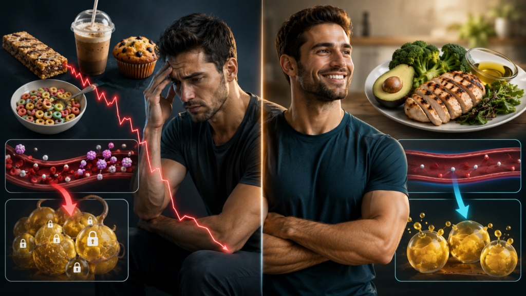 Man struggling with poor eating habits contrasted with a healthy man following a protein-rich diet to support fat loss and hormonal balance.