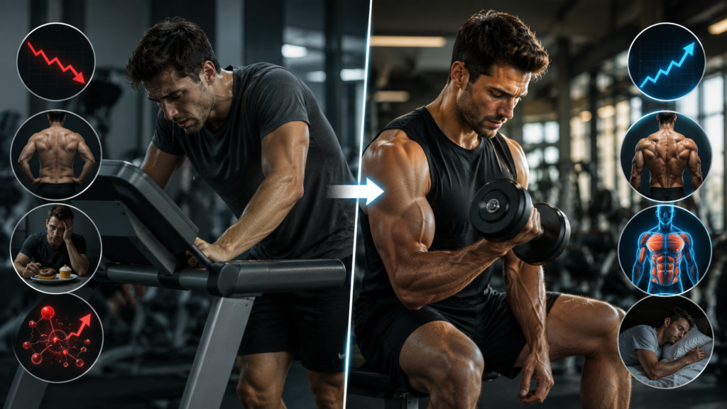 Exhausted man doing excessive cardio contrasted with a muscular man strength training to boost metabolism and fat loss.