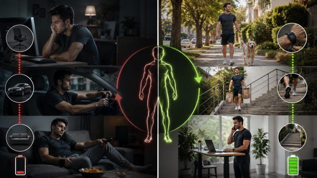 Sedentary man sitting at a desk, driving, and relaxing on a couch contrasted with an active man walking, taking stairs, and standing while working to boost daily calorie burn.