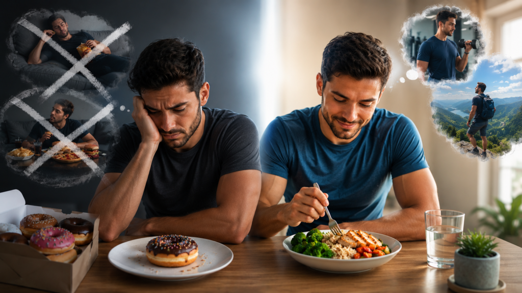 Man choosing healthy eating over an all-or-nothing diet mindset