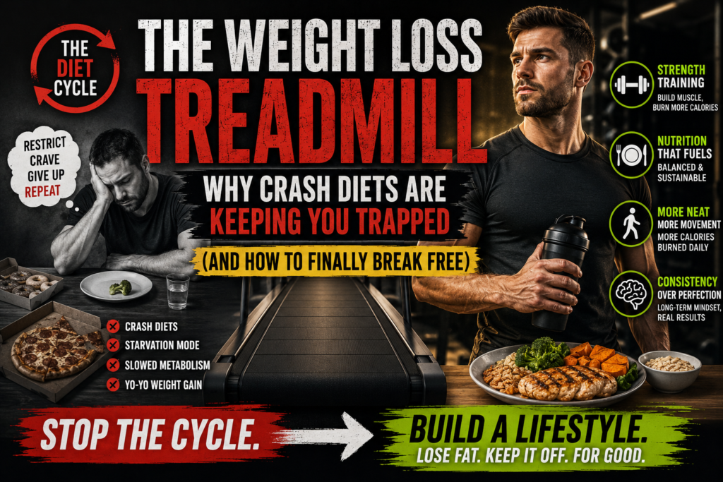 Man escaping the crash diet cycle with strength training, healthy meals, and sustainable weight loss.