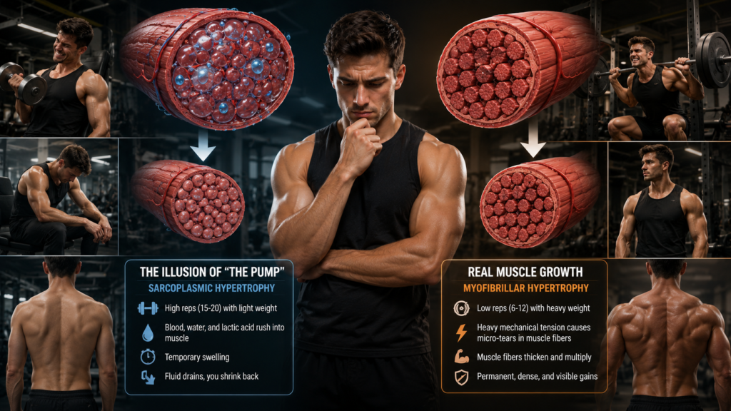 Comparison of temporary muscle pump from light weights versus permanent muscle growth achieved through heavy strength training.