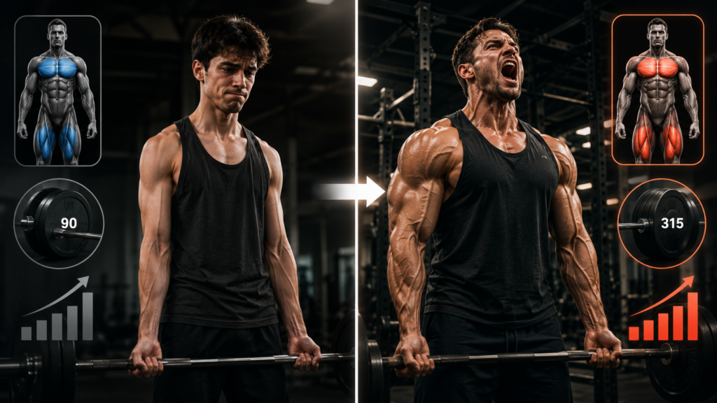 Skinny beginner becoming bigger and stronger through progressive overload and heavy strength training.