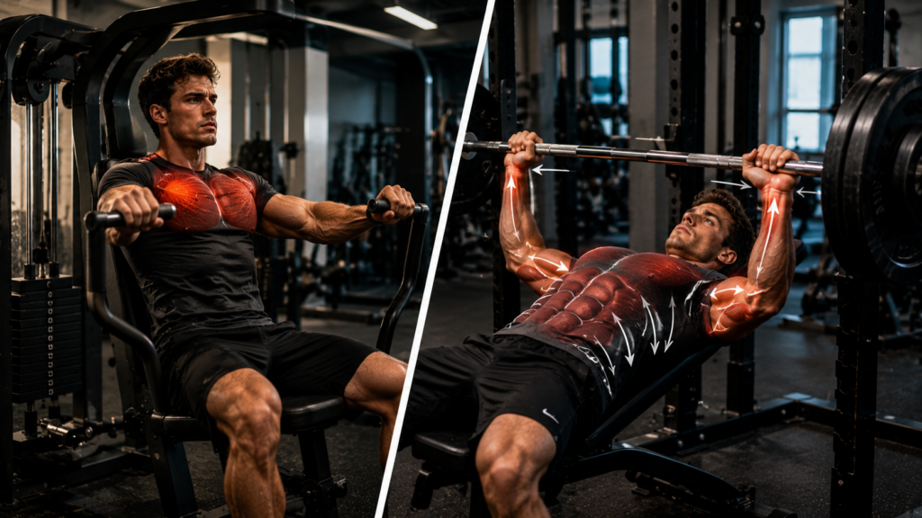 Man training on gym machines contrasted with free-weight barbell bench press, showing greater muscle and stabilizer activation.