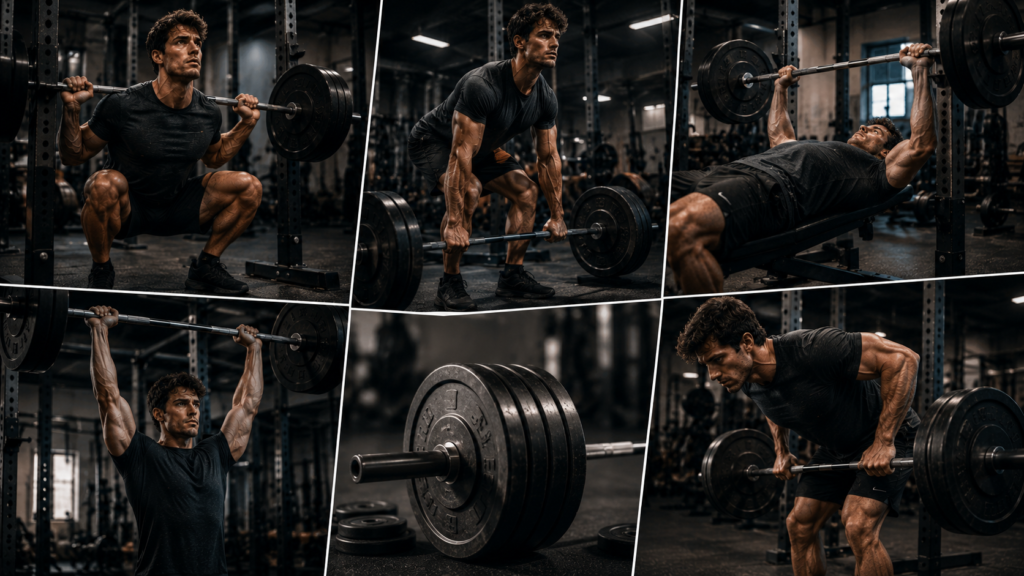 A bodybuilder performing heavy barbell compound lifts in a dramatic, high-intensity gym setting.