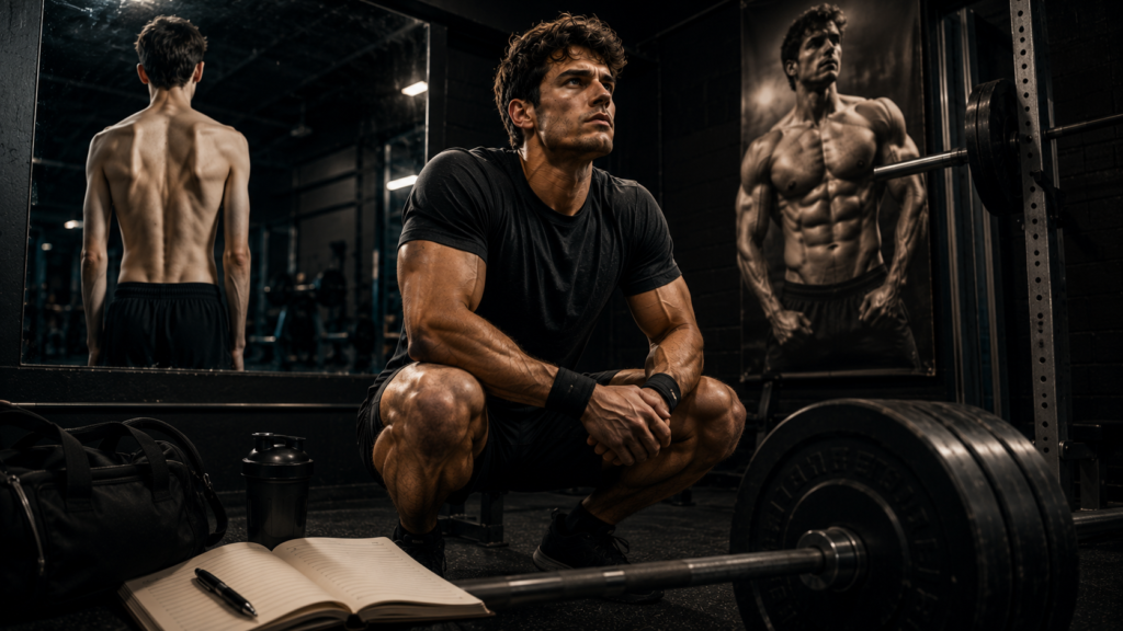 A focused lifter resting beside a heavy barbell in a dark gym, symbolizing mental strength, discipline, and long-term commitment.