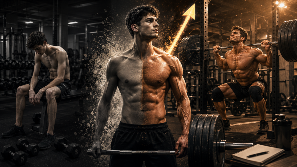 A dramatic gym scene showing a transformation from a skinny, discouraged lifter to a powerful, confident strength athlete.