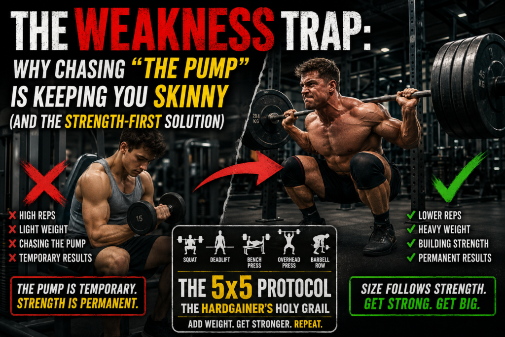 A skinny lifter using light weights contrasted with a strong athlete squatting heavy in a gym, symbolizing the difference between chasing the pump and building real strength