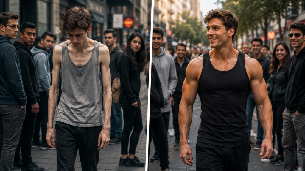 Skinny man transforms into a muscular, confident man walking down the street.