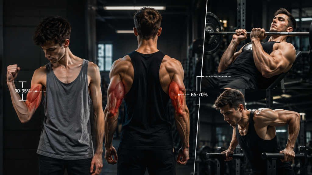 Triceps-focused arm training with close-grip bench press and weighted dips.
