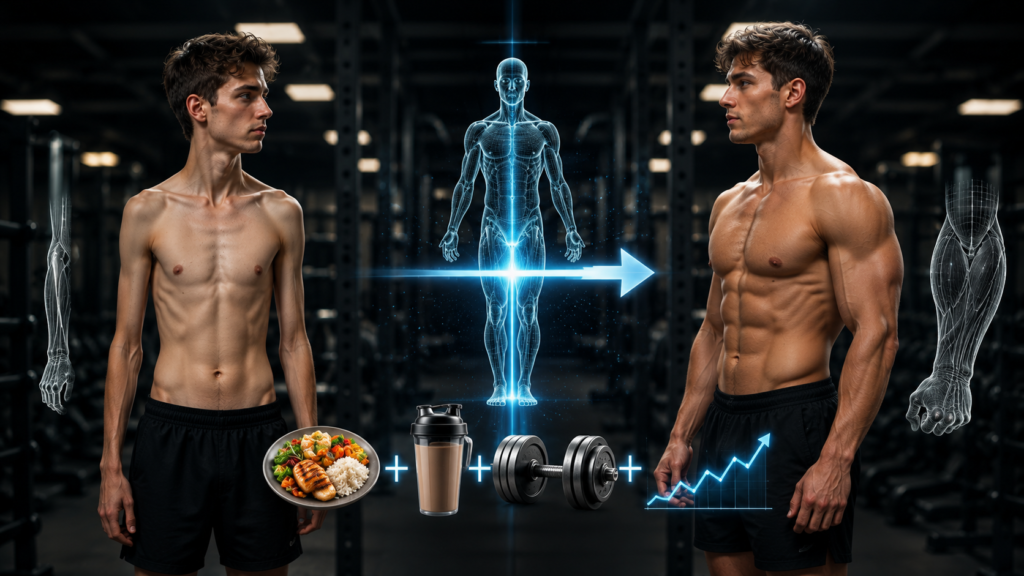 Full-body muscle growth transformation through strength training and calorie surplus