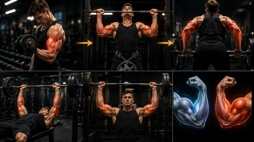 Heavy compound lifts for bigger biceps and triceps.