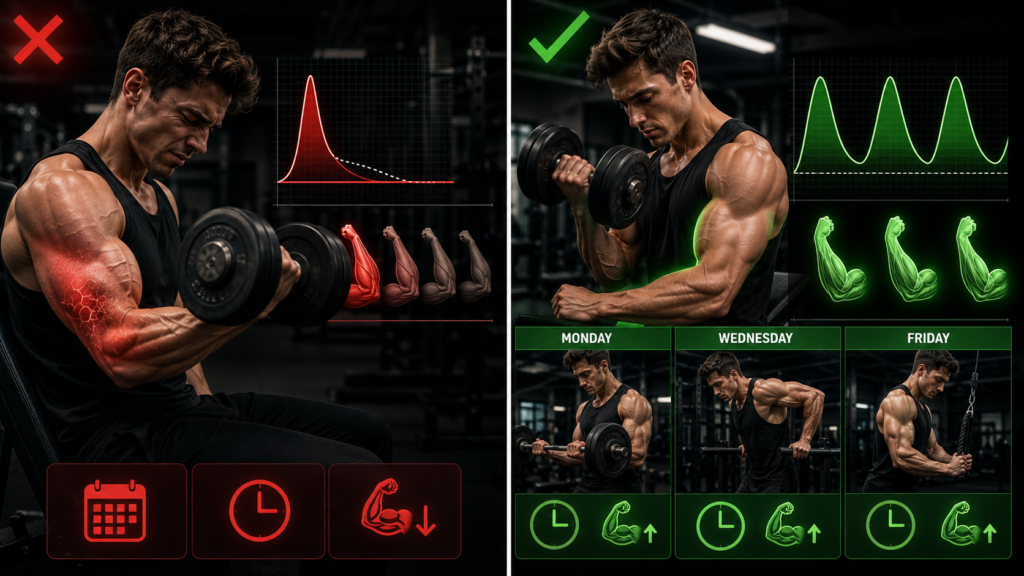 High-frequency arm training versus once-a-week arm workouts.