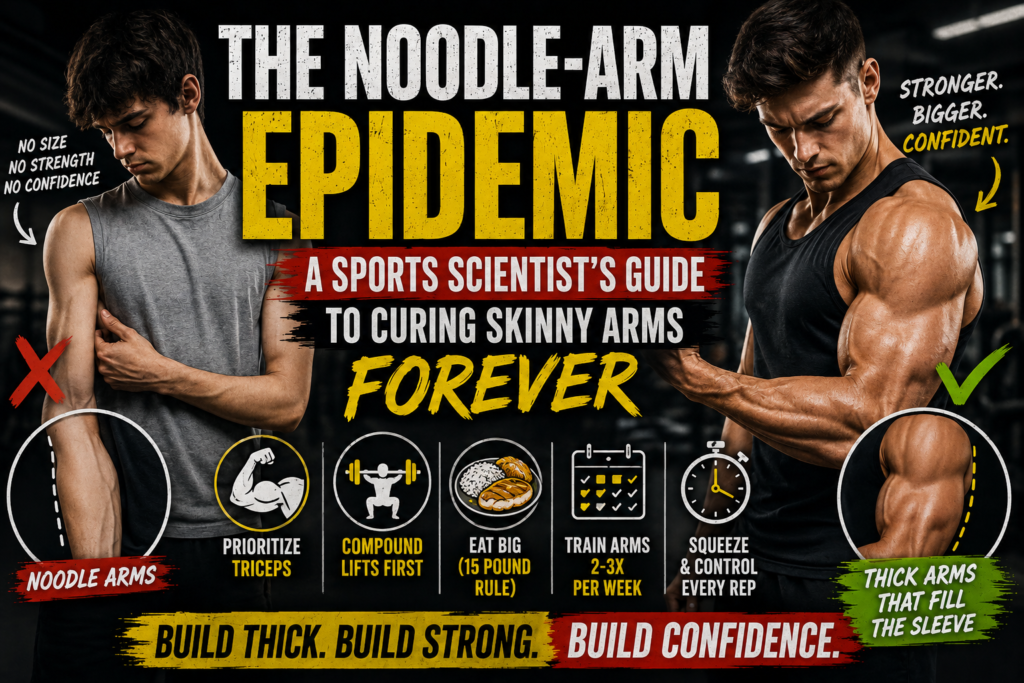 Skinny man transforming into muscular arms with strength training and muscle-building strategy.