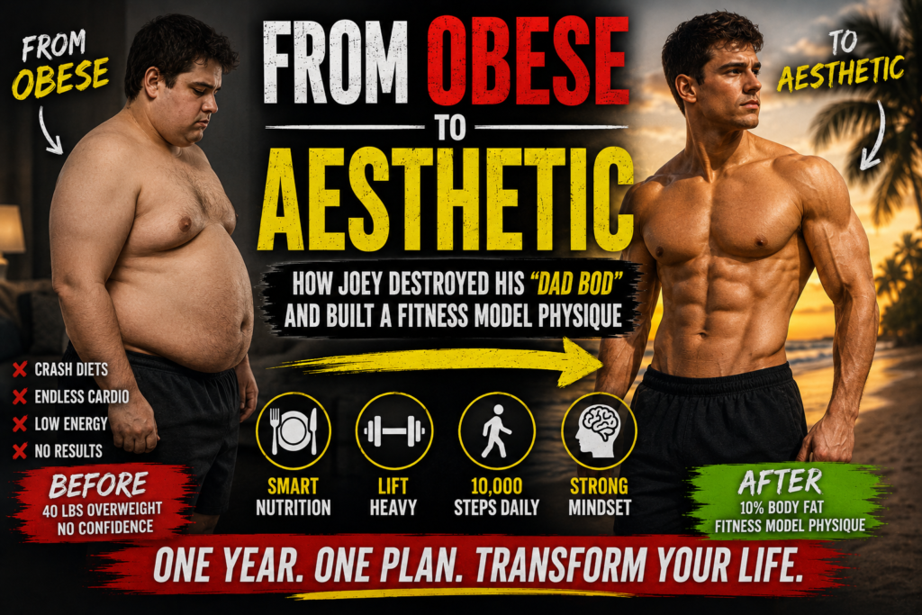 Obese man transformed into a lean, muscular physique through strength training, nutrition, and daily walking. Je préfère cette réponse