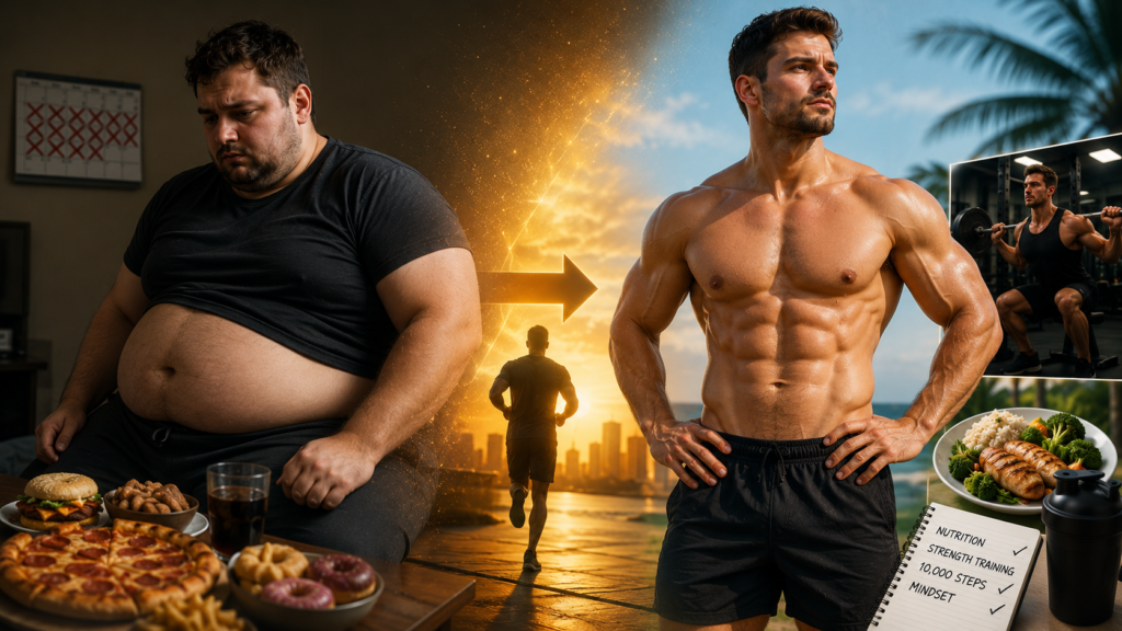 Fat-to-fit body transformation with a lean, muscular physique.